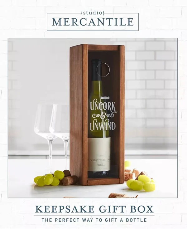 Present your favorite wine in style with the Studio Mercantile wine keepsake box, a dual-purpose gift box and cork display. Crafted to fit most wine and champagne bottles, this keepsake box features a plexiglass cover for secure storage and easy cork viewing.