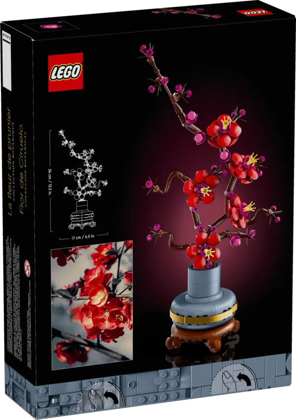 Take time out with the LEGO® Icons Plum Blossom (10369) flower decor building set for adults. The plum blossom is a popular motif in traditional art, often portrayed in ink-and-wash paintings as part of a classic quartet of beautiful plants known as the Four Gentlemen. Indulge in a mindful building project or treat a loved one to this timeless floral display – a perfect gift idea for any occasion. This detailed replica captures the elegance of the iconic winter flora with its woody stem and vivid red and magenta flowers. Set in a pastel-blue flowerpot with a golden band and wood-effect plinth, it is easy to assemble, delivers a rewarding building experience and makes a beautiful, easy-care flower display for the home and office. Discover a space for relaxation with buildable models from the LEGO Botanical Collection, part of the inspiring range of LEGO building sets designed for adults. A digital version of the building instructions is available in the LEGO Builder app. Flower decor building set for adults – Take time out or join friends and family for a relaxing building experience with the LEGO® Icons Plum Blossom flower building project Creative building for plant-lovers – This creative building set includes everything you need to craft a plum blossom flower and a pastel-blue pot with a golden band and wood-effect plinth Detailed LEGO® flower set for new and experienced builders – This LEGO interpretation of a plum blossom plant comes with an elegant woody stem and vivid red and magenta flowers Easy-care flower display for the home or office – Add a self-sufficient splash of color to any space with this buildable, zero-maintenance floral display A mindful home decor gift idea – The LEGO® Icons Plum Blossom building set makes a great birthday or any-day gift idea for adult fans of LEGO building sets and flora Includes digital building instructions – The LEGO® Builder app features a digital version of the building instructions included with this set Part of the LEGO® Botanical Collection – Discover a space for relaxation with the wide range of LEGO construction sets designed specifically for adults Dimensions –The plum blossom flower, including the plant pot and plinth in this 327-piece building set, measures over 13.5 in. (34 cm) high, 6.5 in. (17 cm) wide and 3.5 in. (9 cm) deep