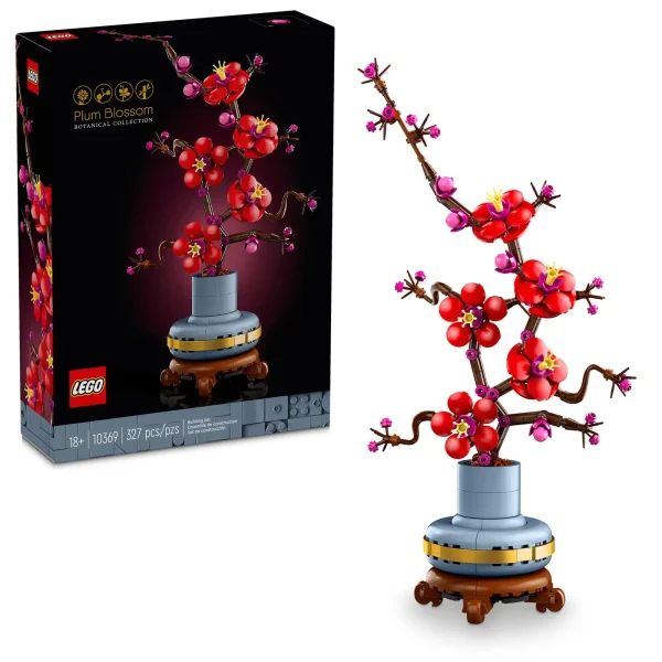 Take time out with the LEGO® Icons Plum Blossom (10369) flower decor building set for adults. The plum blossom is a popular motif in traditional art, often portrayed in ink-and-wash paintings as part of a classic quartet of beautiful plants known as the Four Gentlemen. Indulge in a mindful building project or treat a loved one to this timeless floral display – a perfect gift idea for any occasion. This detailed replica captures the elegance of the iconic winter flora with its woody stem and vivid red and magenta flowers. Set in a pastel-blue flowerpot with a golden band and wood-effect plinth, it is easy to assemble, delivers a rewarding building experience and makes a beautiful, easy-care flower display for the home and office. Discover a space for relaxation with buildable models from the LEGO Botanical Collection, part of the inspiring range of LEGO building sets designed for adults. A digital version of the building instructions is available in the LEGO Builder app. Flower decor building set for adults – Take time out or join friends and family for a relaxing building experience with the LEGO® Icons Plum Blossom flower building project Creative building for plant-lovers – This creative building set includes everything you need to craft a plum blossom flower and a pastel-blue pot with a golden band and wood-effect plinth Detailed LEGO® flower set for new and experienced builders – This LEGO interpretation of a plum blossom plant comes with an elegant woody stem and vivid red and magenta flowers Easy-care flower display for the home or office – Add a self-sufficient splash of color to any space with this buildable, zero-maintenance floral display A mindful home decor gift idea – The LEGO® Icons Plum Blossom building set makes a great birthday or any-day gift idea for adult fans of LEGO building sets and flora Includes digital building instructions – The LEGO® Builder app features a digital version of the building instructions included with this set Part of the LEGO® Botanical Collection – Discover a space for relaxation with the wide range of LEGO construction sets designed specifically for adults Dimensions –The plum blossom flower, including the plant pot and plinth in this 327-piece building set, measures over 13.5 in. (34 cm) high, 6.5 in. (17 cm) wide and 3.5 in. (9 cm) deep