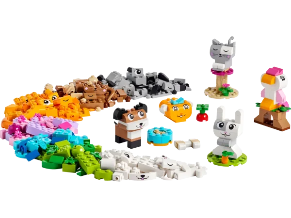 Animal-lovers aged 5 and up can indulge their passion for pets with this creative animal building set. LEGO® Classic Creative Pets (11034) is an inspirational mix of animal building bricks with simple guides to a colorful range of quick-to-build animal toys. It’s a great way to encourage kids’ creative construction. With 450 LEGO building bricks, including special pieces with eyes and mouths, and simple step-by-step instructions, kids can build a dog with a bowl and bone, a cat on a stand, a hamster with an apple, a rabbit with a carrot and a bird on a perch. Then, using suggestions included for alternative colors, shapes and functions, kids can rebuild their pets in a fun, new way. As their creative construction skills develop, kids can try out their own ideas. A guide featuring 10 ideas is included to kick-start the free-building fun. LEGO Classic toys are filled with ideas and inspiration and let parents share building fun and developmental milestones with their kids. Build-a-pet toy for kids – Young animal-lovers can build their own pets then customize them with LEGO® Classic Creative Pets for girls and boys aged 5 and up Animal building-brick toys – Kids can build a cat on a stand, a dog with a bowl and bone, a hamster with an apple, a rabbit with a carrot and a bird on a perch Inspire young builders – Special pieces featuring eyes and mouths and simple step-by-step instructions encourage kids to customize and create their own pets Endlessly creative – Includes a guide featuring 10 ideas to kick-start free-building fun so kids can experiment with creative construction LEGO® animal toys for kids – This building-bricks toy makes a birthday, holiday or any-day gift for kids who like dogs, cats and other pets Made for young builders – The easy-to-follow picture guide speeds up construction, and kids can combine this set with 11035, 11036 and 11037 (sold separately) to expand the fun Bricks that build skills – LEGO® Classic sets put open-endedplay and creative self-expression into the hands of young builders 450-piece LEGO® animal building kit – When built, the dog building set measures over 2 in. (5 cm) high and the cat on a stand measures over 3 in. (7 cm) high