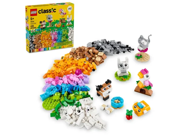 Animal-lovers aged 5 and up can indulge their passion for pets with this creative animal building set. LEGO® Classic Creative Pets (11034) is an inspirational mix of animal building bricks with simple guides to a colorful range of quick-to-build animal toys. It’s a great way to encourage kids’ creative construction. With 450 LEGO building bricks, including special pieces with eyes and mouths, and simple step-by-step instructions, kids can build a dog with a bowl and bone, a cat on a stand, a hamster with an apple, a rabbit with a carrot and a bird on a perch. Then, using suggestions included for alternative colors, shapes and functions, kids can rebuild their pets in a fun, new way. As their creative construction skills develop, kids can try out their own ideas. A guide featuring 10 ideas is included to kick-start the free-building fun. LEGO Classic toys are filled with ideas and inspiration and let parents share building fun and developmental milestones with their kids. Build-a-pet toy for kids – Young animal-lovers can build their own pets then customize them with LEGO® Classic Creative Pets for girls and boys aged 5 and up Animal building-brick toys – Kids can build a cat on a stand, a dog with a bowl and bone, a hamster with an apple, a rabbit with a carrot and a bird on a perch Inspire young builders – Special pieces featuring eyes and mouths and simple step-by-step instructions encourage kids to customize and create their own pets Endlessly creative – Includes a guide featuring 10 ideas to kick-start free-building fun so kids can experiment with creative construction LEGO® animal toys for kids – This building-bricks toy makes a birthday, holiday or any-day gift for kids who like dogs, cats and other pets Made for young builders – The easy-to-follow picture guide speeds up construction, and kids can combine this set with 11035, 11036 and 11037 (sold separately) to expand the fun Bricks that build skills – LEGO® Classic sets put open-endedplay and creative self-expression into the hands of young builders 450-piece LEGO® animal building kit – When built, the dog building set measures over 2 in. (5 cm) high and the cat on a stand measures over 3 in. (7 cm) high