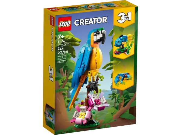 Little builders and passionate animal fans aged 7+ can travel deep into the rainforest for action-packed stories with this LEGO® Creator 3in1 Exotic Parrot (31136) building set. It features a colorful parrot that can fully rotate its body while sitting on a tree branch and move its wings and tail. 3in1 toys kick-start creative fun Kids have the chance to build 3 different exotic animal toys with this fantastic LEGO 3in1 set. They can build a colorful parrot sitting on a tree branch or rebuild it into a playful fish swimming at the bottom of the sea or a cheeky frog that can move its legs. A fun digital experience for LEGO fans Download the LEGO Builder app and step into a new world of building fun where kids can zoom in and rotate models in 3D, save sets and track their progress. 3in1 exotic animal toys – Kids aged 7+ can step into a rainforest with the LEGO® Creator 3in1 Exotic Parrot (31136) playset, featuring a parrot, a fish and a frog Endless play possibilities – Animal fans can stage different stories with a parrot perched on a tree, a fish swimming at the bottom of the sea and a playful frog Posable models – The parrot can rotate on its perch and move its wings and tail; the fish can lift its fins and be moved up and down; and the frog has posable legs A simple build – This 253-piece playset lets little builders aged 7+ enjoy a rewarding build-and-play experience and can be given as a reward or a birthday present Play on the go – Measuring over 8.5 in. (22 cm) high, 4 in. (11 cm) long and 4.5 in. (12 cm) wide, the parrot toy is a portable size for kids to take with them wherever they go More 3in1 fun – Look out for others in the LEGO® Creator 3in1 range, including the Space Shuttle (31134), Beach Camper Van (31138) and Cozy House (31139) sets A helping hand – Discover intuitive building instructions in the LEGO® Builder app, where kids can zoom in and rotate models in 3D, track progress and save sets as they develop new skills Premium quality – For more than 6 decades, LEGO® bricks have been made to ensure they pull apart consistently every time Safety assurance – LEGO® building bricks meet stringent global safety standards