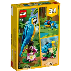 Little builders and passionate animal fans aged 7+ can travel deep into the rainforest for action-packed stories with this LEGO® Creator 3in1 Exotic Parrot (31136) building set. It features a colorful parrot that can fully rotate its body while sitting on a tree branch and move its wings and tail. 3in1 toys kick-start creative fun Kids have the chance to build 3 different exotic animal toys with this fantastic LEGO 3in1 set. They can build a colorful parrot sitting on a tree branch or rebuild it into a playful fish swimming at the bottom of the sea or a cheeky frog that can move its legs. A fun digital experience for LEGO fans Download the LEGO Builder app and step into a new world of building fun where kids can zoom in and rotate models in 3D, save sets and track their progress. 3in1 exotic animal toys – Kids aged 7+ can step into a rainforest with the LEGO® Creator 3in1 Exotic Parrot (31136) playset, featuring a parrot, a fish and a frog Endless play possibilities – Animal fans can stage different stories with a parrot perched on a tree, a fish swimming at the bottom of the sea and a playful frog Posable models – The parrot can rotate on its perch and move its wings and tail; the fish can lift its fins and be moved up and down; and the frog has posable legs A simple build – This 253-piece playset lets little builders aged 7+ enjoy a rewarding build-and-play experience and can be given as a reward or a birthday present Play on the go – Measuring over 8.5 in. (22 cm) high, 4 in. (11 cm) long and 4.5 in. (12 cm) wide, the parrot toy is a portable size for kids to take with them wherever they go More 3in1 fun – Look out for others in the LEGO® Creator 3in1 range, including the Space Shuttle (31134), Beach Camper Van (31138) and Cozy House (31139) sets A helping hand – Discover intuitive building instructions in the LEGO® Builder app, where kids can zoom in and rotate models in 3D, track progress and save sets as they develop new skills Premium quality – For more than 6 decades, LEGO® bricks have been made to ensure they pull apart consistently every time Safety assurance – LEGO® building bricks meet stringent global safety standards