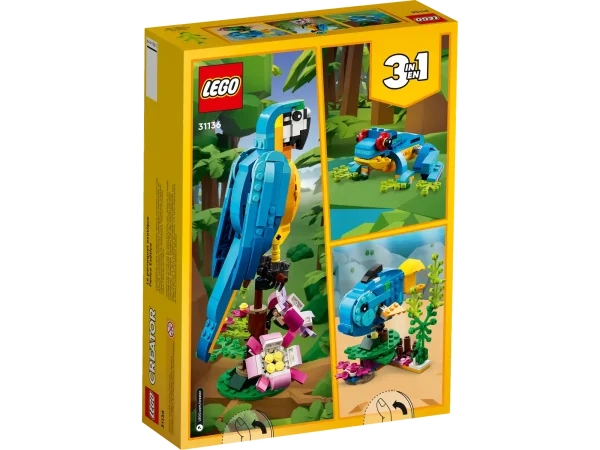 Little builders and passionate animal fans aged 7+ can travel deep into the rainforest for action-packed stories with this LEGO® Creator 3in1 Exotic Parrot (31136) building set. It features a colorful parrot that can fully rotate its body while sitting on a tree branch and move its wings and tail. 3in1 toys kick-start creative fun Kids have the chance to build 3 different exotic animal toys with this fantastic LEGO 3in1 set. They can build a colorful parrot sitting on a tree branch or rebuild it into a playful fish swimming at the bottom of the sea or a cheeky frog that can move its legs. A fun digital experience for LEGO fans Download the LEGO Builder app and step into a new world of building fun where kids can zoom in and rotate models in 3D, save sets and track their progress. 3in1 exotic animal toys – Kids aged 7+ can step into a rainforest with the LEGO® Creator 3in1 Exotic Parrot (31136) playset, featuring a parrot, a fish and a frog Endless play possibilities – Animal fans can stage different stories with a parrot perched on a tree, a fish swimming at the bottom of the sea and a playful frog Posable models – The parrot can rotate on its perch and move its wings and tail; the fish can lift its fins and be moved up and down; and the frog has posable legs A simple build – This 253-piece playset lets little builders aged 7+ enjoy a rewarding build-and-play experience and can be given as a reward or a birthday present Play on the go – Measuring over 8.5 in. (22 cm) high, 4 in. (11 cm) long and 4.5 in. (12 cm) wide, the parrot toy is a portable size for kids to take with them wherever they go More 3in1 fun – Look out for others in the LEGO® Creator 3in1 range, including the Space Shuttle (31134), Beach Camper Van (31138) and Cozy House (31139) sets A helping hand – Discover intuitive building instructions in the LEGO® Builder app, where kids can zoom in and rotate models in 3D, track progress and save sets as they develop new skills Premium quality – For more than 6 decades, LEGO® bricks have been made to ensure they pull apart consistently every time Safety assurance – LEGO® building bricks meet stringent global safety standards