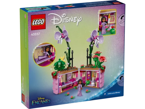 Engage kids and Disney fans aged 9+ who like art and design with this LEGO® ǀ Disney Encanto Isabela’s Flowerpot (43237) buildable play-and-display toy. Featuring a hinged basket flowerpot that opens to reveal a hidden room full of fun movie details, an Isabela LEGO ǀ Disney mini-doll figure, and orchid and cactus buildable LEGO flower toys to set up in an appealing display when the flowerpot is closed. This detailed Disney gift for girls and boys appeals to older kids, offering a more complexbuild and fun play possibilities thanks to the secret room inside the flowerpot. Once play is done, it also makes a good display set for a room or shelf. Kids and grown-up fans alike will appreciate all the details in the flowerpot and can enjoy creating the latest buildable toy together. Builders can also enjoy an easy and intuitive building experience with the LEGO Builder app. They can zoom in and rotate models in 3D, save new sets and track their progress. LEGO® ǀ Disney Encanto playset for kids – Inspire girls and boys aged 9+ with this Isabela’s Flowerpot building toy set, and spark imagination as kids play out their own fantasy stories Creative possibilities – The buildable set includes an opening flowerpot with a basket design inspired by the movie, flowers and an Isabela LEGO® ǀ Disney Encanto mini-doll figure Hidden space – Inside the flowerpot is a detailed setup of Isabela’s room, with a bed, cactus and LEGO® orchids, more play starters and space for the mini-doll figure LEGO® ǀ Disney Encanto building set – This set lets fans build the flowerpot and place the flowers how they like, open it for creative play options, then set it up for display when play is over Encanto gift for kids – Featuring an opening function and designed for play and display, the construction set makes a fun special occasion gift for girls, boys and Disney fans aged 9 and up A helping hand – Discover intuitive instructions in the LEGO® Builder app where builders can zoom in and rotate models in 3D, track their progress and save sets as they develop new skills Explore a passion – With a LEGO® ǀ Disney mini-doll figure, a buildable flowerpot and flowers to decorate it, the building set encourages a passion for design and develops life skills through fun Measurements – This 641-piece playset features a buildable flower-filled flowerpot that measures over 9 in. (24 cm) high, 6 in. (15 cm) wide and 5 in. (12 cm) deep