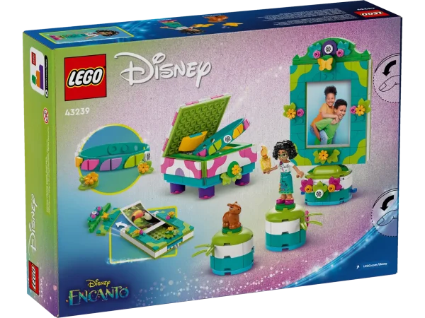 Appeal to fans and kids aged 6+ who love Disney movies with this creative LEGO® ǀ Disney Encanto Mirabel’s Photo Frame and Jewelry Box (43239) buildable toy. Featuring a jewelry box with room for the included bracelet, plus a photo frame and standwith extra clips for small photos and 2 spots for the Mirabel LEGO ǀ Disney mini-doll figure character and LEGO ǀ Disney capybara figure. This colorful, multi-piece Disney construction set is packed with features and accessories to inspire creative kid s. It makes a fun gift for girls, boys and fans of art and design who are looking for a new creative outlet that encourages redesign and decorating. Builders also enjoy an easy and intuitive building experience with the LEGO Builder app. They can zoom in and rotate models in 3D, save sets and track their progress. The set is made for short, everyday play sessions and can be added to other LEGO sets as well as LEGO ǀ Disney construction toys in the series (each set sold separately) to expand play. LEGO® ǀ Disney Encanto art and design for kids – The Mirabel’s Photo Frame and Jewelry Box building set lets girls and boys aged 6+ have lots of fun while stretching their creativity LEGO® picture frame – The buildable set includes a small jewelry box, photo frame with stand and extra clips, wearable bracelet, plus a Mirabel LEGO ǀ Disney Encanto mini-doll figure Encanto details – The construction kit includes story starters like the candle from the movie, a LEGO® ǀ Disney capybara figure and plenty of elements for decorating Design play – This LEGO® building set lets fans build a jewelry box and photo frame, then design and decorate those pieces, along with the wearable bracelet, and redecorate them any time Creative Encanto gift for kids – Makes a fun, everyday gift for girls, boys and Disney fans aged 6+ who deserve an imaginative treat based on a movie they love LEGO® ǀ Disney fun – This buildable playset lets Encanto fans expand the play by adding it to other LEGO sets (sold separately) in the Disney series Explore a passion – With 2 home decor pieces and a wearable bracelet that can be redecorated endlessly, this building set encourages a passion for design and develops life skills through fun Measurements – The 334-piece playset includes a buildable photo frame that measures over 6 in. (15 cm) high, 5.5 in. (14 cm) wide and 2 in. (5 cm) deep