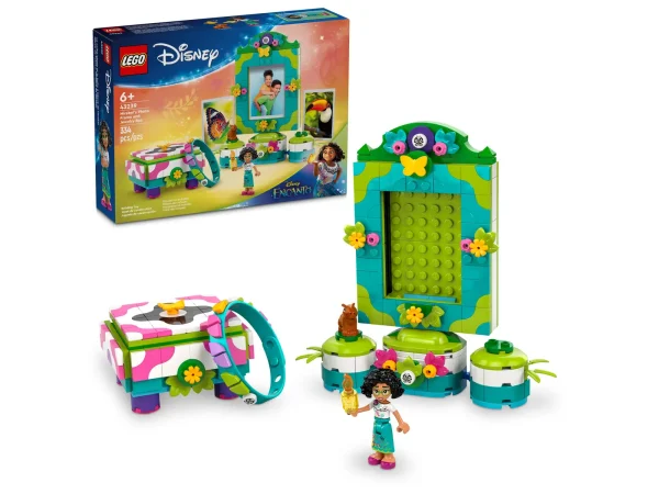 Appeal to fans and kids aged 6+ who love Disney movies with this creative LEGO® ǀ Disney Encanto Mirabel’s Photo Frame and Jewelry Box (43239) buildable toy. Featuring a jewelry box with room for the included bracelet, plus a photo frame and standwith extra clips for small photos and 2 spots for the Mirabel LEGO ǀ Disney mini-doll figure character and LEGO ǀ Disney capybara figure. This colorful, multi-piece Disney construction set is packed with features and accessories to inspire creative kid s. It makes a fun gift for girls, boys and fans of art and design who are looking for a new creative outlet that encourages redesign and decorating. Builders also enjoy an easy and intuitive building experience with the LEGO Builder app. They can zoom in and rotate models in 3D, save sets and track their progress. The set is made for short, everyday play sessions and can be added to other LEGO sets as well as LEGO ǀ Disney construction toys in the series (each set sold separately) to expand play. LEGO® ǀ Disney Encanto art and design for kids – The Mirabel’s Photo Frame and Jewelry Box building set lets girls and boys aged 6+ have lots of fun while stretching their creativity LEGO® picture frame – The buildable set includes a small jewelry box, photo frame with stand and extra clips, wearable bracelet, plus a Mirabel LEGO ǀ Disney Encanto mini-doll figure Encanto details – The construction kit includes story starters like the candle from the movie, a LEGO® ǀ Disney capybara figure and plenty of elements for decorating Design play – This LEGO® building set lets fans build a jewelry box and photo frame, then design and decorate those pieces, along with the wearable bracelet, and redecorate them any time Creative Encanto gift for kids – Makes a fun, everyday gift for girls, boys and Disney fans aged 6+ who deserve an imaginative treat based on a movie they love LEGO® ǀ Disney fun – This buildable playset lets Encanto fans expand the play by adding it to other LEGO sets (sold separately) in the Disney series Explore a passion – With 2 home decor pieces and a wearable bracelet that can be redecorated endlessly, this building set encourages a passion for design and develops life skills through fun Measurements – The 334-piece playset includes a buildable photo frame that measures over 6 in. (15 cm) high, 5.5 in. (14 cm) wide and 2 in. (5 cm) deep