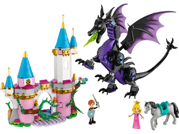 Epic stories await kids and Disney’s Sleeping Beauty fans aged 7+ as they create this LEGO® ǀ Disney Princess Maleficent’s Dragon Form (43240) buildable playset. The construction set is a fun Disney gift idea and has a bridge section with towers and space for a bed, a turning spinning wheel and other play starters. There are Aurora and Prince Philip LEGO ǀ Disney mini-doll figures, a Samson LEGO ǀ Disney horse figure and a posable LEGO ǀ Disney dragon figure with movable head, legs and tail, plus folding wings. This buildable playset is made for kids aged 7 and up and helps grow their confidence as they create new stories. It’s easy to take out for playdates and can be added to other LEGO building sets for kids and LEGO ǀ Disney buildingtoys (sold separately) in the series. Kids also get an easy and intuitive building experience with the LEGO Builder app. They can zoom in and rotate models in 3D, save sets and track progress. Buildable dragon toy for kids – Gift girls and boys aged 7+ with this Maleficent’s Dragon Form buildable playset and spark creativity as kids play out their own Sleeping Beauty stories Posable model – A posable dragon building toy with folding wings, a bridge and tower section, Aurora and Prince Phillip LEGO® ǀ Disney mini-doll figures and a LEGO ǀ Disney horse figure Fun building set for kids – The buildable bridge with spires includes a bed for Aurora and a spinning wheel that moves the vines when turned, a suit of armor, wand and other play starters Sleeping Beauty building toy – This LEGO® ǀ Disney construction set lets fans reimagine the story of Sleeping Beauty however they like, or play out the best movie scenes again and again Gift for movie fans and kids – A buildable playset gift idea for girls, boys and Disney fans aged 7+, with a buildable castle bridge section, posable dragon and 2 well-known movie characters A helping hand – Discover intuitive instructions in the LEGO® Builder app where builders can zoom in and rotate models in 3D, track their progress and save sets as they develop new skills Develop life skills – 2 LEGO® ǀ Disney mini-doll figures, a posable LEGO ǀ Disney dragon figure and LEGO ǀ Disney horse figure help encourage creative play and vital life skills through fun Measurements – This 583-piece building set for kids includes a posable LEGO® ǀ Disney dragon figure that stands over 7 in. (18 cm) tall