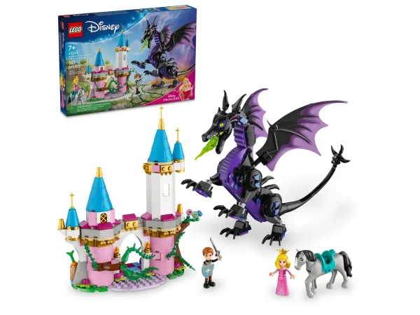 Epic stories await kids and Disney’s Sleeping Beauty fans aged 7+ as they create this LEGO® ǀ Disney Princess Maleficent’s Dragon Form (43240) buildable playset. The construction set is a fun Disney gift idea and has a bridge section with towers and space for a bed, a turning spinning wheel and other play starters. There are Aurora and Prince Philip LEGO ǀ Disney mini-doll figures, a Samson LEGO ǀ Disney horse figure and a posable LEGO ǀ Disney dragon figure with movable head, legs and tail, plus folding wings. This buildable playset is made for kids aged 7 and up and helps grow their confidence as they create new stories. It’s easy to take out for playdates and can be added to other LEGO building sets for kids and LEGO ǀ Disney buildingtoys (sold separately) in the series. Kids also get an easy and intuitive building experience with the LEGO Builder app. They can zoom in and rotate models in 3D, save sets and track progress. Buildable dragon toy for kids – Gift girls and boys aged 7+ with this Maleficent’s Dragon Form buildable playset and spark creativity as kids play out their own Sleeping Beauty stories Posable model – A posable dragon building toy with folding wings, a bridge and tower section, Aurora and Prince Phillip LEGO® ǀ Disney mini-doll figures and a LEGO ǀ Disney horse figure Fun building set for kids – The buildable bridge with spires includes a bed for Aurora and a spinning wheel that moves the vines when turned, a suit of armor, wand and other play starters Sleeping Beauty building toy – This LEGO® ǀ Disney construction set lets fans reimagine the story of Sleeping Beauty however they like, or play out the best movie scenes again and again Gift for movie fans and kids – A buildable playset gift idea for girls, boys and Disney fans aged 7+, with a buildable castle bridge section, posable dragon and 2 well-known movie characters A helping hand – Discover intuitive instructions in the LEGO® Builder app where builders can zoom in and rotate models in 3D, track their progress and save sets as they develop new skills Develop life skills – 2 LEGO® ǀ Disney mini-doll figures, a posable LEGO ǀ Disney dragon figure and LEGO ǀ Disney horse figure help encourage creative play and vital life skills through fun Measurements – This 583-piece building set for kids includes a posable LEGO® ǀ Disney dragon figure that stands over 7 in. (18 cm) tall