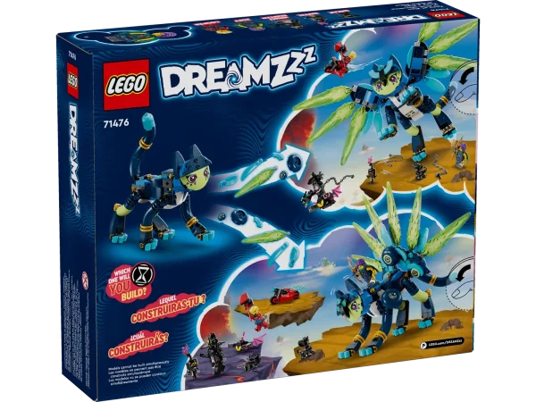 Unlock imaginations with this LEGO® DREAMZzz™ Zoey and Zian the Cat-Owl (71476) building set. Inspired by the thrilling TV show, this animal toy lets kids aged 9 and up journey into the dream world to help hero figure Zoey save Zian from the villainous Night Hunter. This set has story-led building instructions and 2 exciting building modes so kids can immerse themselves in the dream world adventure and enjoy double the playtime. Their imaginations will take flight as they build Zian as a Cat-Owl with wings to fly away from the nightmares or as a Cat-Peacock with a beautiful tail to fight them off. The action is brought to life by 3 minifigures: Zoey, Cooper and the Night Hunter, plus his minions Sneak and Snivel. And with cool accessories like Zoey’s shooting bow and Cooper’s flying motorcycle, this fantasy toy encourages kids to recreate their favorite scenes and dream up new ones for hours of exciting, imaginative play. A transforming animal toy – Let kids aged 9 and up unlock their imaginations with this LEGO® DREAMZzz™ Zoey and Zian the Cat-Owl building set, which offers 2 exciting building options 1 set, 2 builds – This creative building toy lets kids choose their own adventure by building Zian as a cat-owl or a cat-peacock Play with Zian – With a posable head, legs and tail, the Zian figure makes it easy for kids to enjoy imaginative play Dream toy – Inspired by the LEGO® DREAMZzz™ TV show, thissmall LEGO set lets kids immerse themselves in their favorite dream world adventures A gift idea for kids – Young dreamers can enjoy hours of play with this fantasy gift for kids, which can be given as a treat or reward toy 3 minifigures – Includes LEGO® DREAMZzz™ heroes Zoey, Cooper and the villainous Night Hunter, plus Sneak and Snivel figures A dream world of adventures – Explore other fantasy toys (sold separately) for girls and boys in the LEGO® DREAMZzz™ range, where kids can immerse themselves in the action and meet hero figures Dimensions – The 437-piece set measures over 7.5 in. (20 cm) high, 8 in. (21 cm) wide and 8 in. (20 cm) deep when it's built as a cat-owl