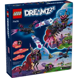 Let imaginations take flight with this LEGO® DREAMZzz™ The Never Witch’s Midnight Raven (71478) building set for kids aged 9 and up. Inspired by the thrilling TV show, the rebuildable animal toy lets boys and girls create an awesome raven before discovering 2 exciting ways to rebuild it. Young dreamers will have fun building the villainous Never Witch’s raven before transforming it into a raven-hut or a collection of 3 nightmare creatures: a walking house, a cauldron spider and a giant raven! The house toy has an opening roof and door, the spider toy has a movable cage and legs, and the raven toy has posable wings and feathers. Mateo, Astrid, the Never Witch, Dizzy and Dogan minifigures, plus a Z-Blob figure, bring the adventure to life. The set also includes story-led building instructions, letting kids immerse themselves in the action and become heroes as they help the dream chasers defeat the Never Witch. Animal toy for kids – Let imaginations soar with the LEGO® DREAMZzz™ The Never Witch’s Midnight Raven fantasy playset for boys and girls aged 9 and up Choose the adventure – Creative kids can build the animal playset as a raven before rebuilding it as a raven-hut combination or as a collection of 3 magical creature toys Fantastical details – In the collection of creature toys, the raven has posable wings and feathers, the spider has a movable cage and legs and the house has an opening roof and movable legs 5 LEGO® minifigures – Dream chasers Mateo and Astrid, the villainous Never Witch, and evil doppelgangers Dizzy and Dogan bring the set to life Gift idea for kids – The set can be given as a treat toy or witch gift for fans of theLEGO® DREAMZzz™ TV show, or for creative boys and girls who love animals Be part of the action – The set includes story-led building instructions that are also available on the LEGO® Builder app, where kids can rotate their builds and track progress A world of kids’ wildest dreams – The LEGO® DREAMZzz™ collection unlocks imaginations and lets young dreamers choose their own adventures as they build fantastical creatures and vehicles Dimensions – The 1,203-piece raven-hut build measures over 9.5 in. (24 cm) high, 20 in. (51 cm) wide and 17 in. (44 cm) deep