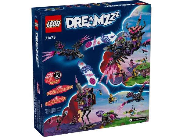 Let imaginations take flight with this LEGO® DREAMZzz™ The Never Witch’s Midnight Raven (71478) building set for kids aged 9 and up. Inspired by the thrilling TV show, the rebuildable animal toy lets boys and girls create an awesome raven before discovering 2 exciting ways to rebuild it. Young dreamers will have fun building the villainous Never Witch’s raven before transforming it into a raven-hut or a collection of 3 nightmare creatures: a walking house, a cauldron spider and a giant raven! The house toy has an opening roof and door, the spider toy has a movable cage and legs, and the raven toy has posable wings and feathers. Mateo, Astrid, the Never Witch, Dizzy and Dogan minifigures, plus a Z-Blob figure, bring the adventure to life. The set also includes story-led building instructions, letting kids immerse themselves in the action and become heroes as they help the dream chasers defeat the Never Witch. Animal toy for kids – Let imaginations soar with the LEGO® DREAMZzz™ The Never Witch’s Midnight Raven fantasy playset for boys and girls aged 9 and up Choose the adventure – Creative kids can build the animal playset as a raven before rebuilding it as a raven-hut combination or as a collection of 3 magical creature toys Fantastical details – In the collection of creature toys, the raven has posable wings and feathers, the spider has a movable cage and legs and the house has an opening roof and movable legs 5 LEGO® minifigures – Dream chasers Mateo and Astrid, the villainous Never Witch, and evil doppelgangers Dizzy and Dogan bring the set to life Gift idea for kids – The set can be given as a treat toy or witch gift for fans of theLEGO® DREAMZzz™ TV show, or for creative boys and girls who love animals Be part of the action – The set includes story-led building instructions that are also available on the LEGO® Builder app, where kids can rotate their builds and track progress A world of kids’ wildest dreams – The LEGO® DREAMZzz™ collection unlocks imaginations and lets young dreamers choose their own adventures as they build fantastical creatures and vehicles Dimensions – The 1,203-piece raven-hut build measures over 9.5 in. (24 cm) high, 20 in. (51 cm) wide and 17 in. (44 cm) deep