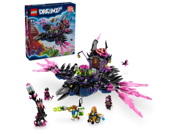 Let imaginations take flight with this LEGO® DREAMZzz™ The Never Witch’s Midnight Raven (71478) building set for kids aged 9 and up. Inspired by the thrilling TV show, the rebuildable animal toy lets boys and girls create an awesome raven before discovering 2 exciting ways to rebuild it. Young dreamers will have fun building the villainous Never Witch’s raven before transforming it into a raven-hut or a collection of 3 nightmare creatures: a walking house, a cauldron spider and a giant raven! The house toy has an opening roof and door, the spider toy has a movable cage and legs, and the raven toy has posable wings and feathers. Mateo, Astrid, the Never Witch, Dizzy and Dogan minifigures, plus a Z-Blob figure, bring the adventure to life. The set also includes story-led building instructions, letting kids immerse themselves in the action and become heroes as they help the dream chasers defeat the Never Witch. Animal toy for kids – Let imaginations soar with the LEGO® DREAMZzz™ The Never Witch’s Midnight Raven fantasy playset for boys and girls aged 9 and up Choose the adventure – Creative kids can build the animal playset as a raven before rebuilding it as a raven-hut combination or as a collection of 3 magical creature toys Fantastical details – In the collection of creature toys, the raven has posable wings and feathers, the spider has a movable cage and legs and the house has an opening roof and movable legs 5 LEGO® minifigures – Dream chasers Mateo and Astrid, the villainous Never Witch, and evil doppelgangers Dizzy and Dogan bring the set to life Gift idea for kids – The set can be given as a treat toy or witch gift for fans of theLEGO® DREAMZzz™ TV show, or for creative boys and girls who love animals Be part of the action – The set includes story-led building instructions that are also available on the LEGO® Builder app, where kids can rotate their builds and track progress A world of kids’ wildest dreams – The LEGO® DREAMZzz™ collection unlocks imaginations and lets young dreamers choose their own adventures as they build fantastical creatures and vehicles Dimensions – The 1,203-piece raven-hut build measures over 9.5 in. (24 cm) high, 20 in. (51 cm) wide and 17 in. (44 cm) deep