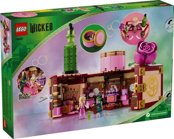 Transport girls and boys aged 8 plus to a beloved scene from the Wicked movie with this Glinda & Elphaba's Dormitory (75683) best-friend gift for kids. This collectible toy recreates the iconic scene from the movie where the girls’ friendship blossoms. This model toy consists of a beautiful buildable trunk that opens out into a detailed dollhouse playset of the girls’ bedroom at Shiz University. Brimming with authentic accessories, this toy dollhouse playset lets kids recreate the scene where Glinda pledges to make Elphaba “popular.” Just like in the movie, the 2 mini-dolls wear pajamas, but there are also 2 daytime outfits for extra dress-up fun. Kids scan the set’s hidden QR code to access unique LEGO® Wicked content and sing along to the “Popular” hit from the movie. By placing the mini-dolls on the spinning stand, kids make the characters ‘dance’ along to the music! When the play is over, close the bedroom and transform it into Glinda’s trunk, which can be locked with a key! Collectible toy for Wicked fans – Girls and boys aged 8 plus build Glinda & Elphaba's Dormitory then act out iconic friendship moments from the movie or invent stories of their own Elphaba and Glinda mini-dolls figures – This fantasy toy includes the 2 Wicked lead characters dressed in pajamas, just like in the scene from the movie, as well as 2 daytime outfits for dress-up fun Model toy of the girls’ Shiz University dormitory – This detailed dorm room recreation closes to form a travel case decorated with Glinda’s flower and Elphaba’s green bottle Full of features – Dollhouse toy includes wands, perfume bottles on a spinning stand, drawers and 2 of Glinda’s flowers… a buildable one to decorate the trunk and a small one for Elphaba’s hair Gift for kids who love dollhouse playsets – This LEGO® set makes a great best-friend gift for girls and boys aged 8 plus and fans of the Wicked movie Spellbinding playsets – Conjure up more movie magic with other adventure playsets (sold separately) in the LEGO® Wicked range, all of which feature on the intuitive LEGO Builder app Fantasy toys for kids – This dollhouse playset let kids join Elphaba and Glinda on their adventures in the land of Oz and enjoy more unique LEGO® Wicked moments by scanning the set’s hidden QR code Dimensions – The 740-piece LEGO® Wicked set measures over 8 in. (20 cm) high, 7 in. (18 cm) wide and 4 in. (11 cm) deep when closed in display configuration