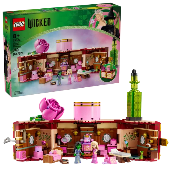 Transport girls and boys aged 8 plus to a beloved scene from the Wicked movie with this Glinda & Elphaba's Dormitory (75683) best-friend gift for kids. This collectible toy recreates the iconic scene from the movie where the girls’ friendship blossoms. This model toy consists of a beautiful buildable trunk that opens out into a detailed dollhouse playset of the girls’ bedroom at Shiz University. Brimming with authentic accessories, this toy dollhouse playset lets kids recreate the scene where Glinda pledges to make Elphaba “popular.” Just like in the movie, the 2 mini-dolls wear pajamas, but there are also 2 daytime outfits for extra dress-up fun. Kids scan the set’s hidden QR code to access unique LEGO® Wicked content and sing along to the “Popular” hit from the movie. By placing the mini-dolls on the spinning stand, kids make the characters ‘dance’ along to the music! When the play is over, close the bedroom and transform it into Glinda’s trunk, which can be locked with a key! Collectible toy for Wicked fans – Girls and boys aged 8 plus build Glinda & Elphaba's Dormitory then act out iconic friendship moments from the movie or invent stories of their own Elphaba and Glinda mini-dolls figures – This fantasy toy includes the 2 Wicked lead characters dressed in pajamas, just like in the scene from the movie, as well as 2 daytime outfits for dress-up fun Model toy of the girls’ Shiz University dormitory – This detailed dorm room recreation closes to form a travel case decorated with Glinda’s flower and Elphaba’s green bottle Full of features – Dollhouse toy includes wands, perfume bottles on a spinning stand, drawers and 2 of Glinda’s flowers… a buildable one to decorate the trunk and a small one for Elphaba’s hair Gift for kids who love dollhouse playsets – This LEGO® set makes a great best-friend gift for girls and boys aged 8 plus and fans of the Wicked movie Spellbinding playsets – Conjure up more movie magic with other adventure playsets (sold separately) in the LEGO® Wicked range, all of which feature on the intuitive LEGO Builder app Fantasy toys for kids – This dollhouse playset let kids join Elphaba and Glinda on their adventures in the land of Oz and enjoy more unique LEGO® Wicked moments by scanning the set’s hidden QR code Dimensions – The 740-piece LEGO® Wicked set measures over 8 in. (20 cm) high, 7 in. (18 cm) wide and 4 in. (11 cm) deep when closed in display configuration