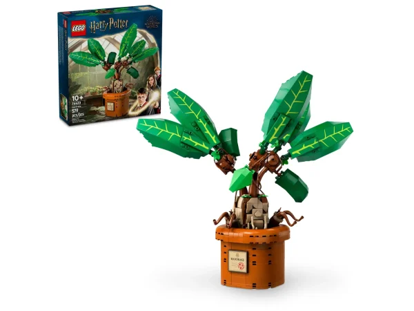 Bring the wonder of a Hogwarts™ Herbology class into kids’ lives with this LEGO® Harry Potter™ Mandrake plant toy (76433), the first-ever LEGO brick figure of the screaming plant. A magical gift and home decor idea for imaginative girls, boys and any Harry Potter fan aged 10 and up, the set features a close-to-life-size posable toy model of a Mandrake and a buildable plant pot to create a playful display. Pose the leaves of the Mandrake, remove it from the pot and move its chest up and down to animate its mouth and limbs as if it’s screaming. Add to children’s creative experience with the LEGO Builder app, where they can zoom in and rotate a 3D digital version of this model as they build, track their progress and save sets. An enchantinghome decor idea, this unusual magical creature toy is part of an extensive LEGO Harry Potter collection (sets sold separately) that offers unlimited ways to build and play out spellbinding stories. LEGO® Harry Potter™ Mandrake plant toy for playful display – The first LEGO brick-built figure of a magical Mandrake plant from the Hogwarts™ Herbology class Magical plant toy figure – Display the model of the screaming plant from the Harry Potter™ stories in its buildable plant pot or remove the Mandrake from the pot for fun nurture play Unique toy for kids with realistic details – Pose the leaves of the Mandrake, move its chest up and down to animate its mouth and limbs, and sit the creature down outside of the pot Build, play and display – This Harry Potter™ gift set offers a rewarding build-and-play experience for Harry Potter fans, and the plant pot has a nameplate to add to the display Fun LEGO® Harry Potter™ gift for kids – Give this magical creature toy as a special-occasion gift or reward to imaginative girls, boys and any Harry Potter fan aged 10 and up A helping hand – Discover intuitive instructions in the LEGO® Builder app, where builders can zoom in and rotate models in 3D, track their progress and save sets as they develop new skills Part of an extensive collection – LEGO® Harry Potter™ sets let young witches, wizards and Muggles™ play out iconic scenes, make up their own stories or simply display the models Harry Potter™ decor idea – The Mandrake toy figure in the plant pot in this 579-piece set stands over 10.5 in. (27 cm) tall