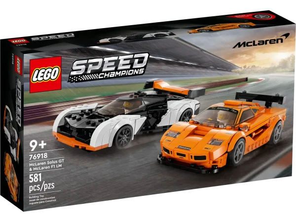 For the first time ever, race fans and kids aged 9 and up can collect a double pack of buildable McLaren hypercars with the LEGO® Speed Champions McLaren Solus GT and McLaren F1 LM (76918) building set. The iconic F1 LM model from the 1990s and the latest Solus GT are now ready for kids to build, display and role-play races. Build your own McLaren The buildable versions of the 2 McLaren supercar toys include authentic details from the real-life versions: the limited-edition F1 LM comes in its distinctive papaya orange color with a central driving seat and cooling ducts on both sides, while the Solus GT also has a central driving seat and features a rear wing. The set also comes with 2 driver minifigures for kids to place behind the wheel of each car and stage exhilarating races between them. A fun digital experience for LEGO fans Let the LEGO Builder app guide you and your child on an easy and intuitive building adventure. Zoom in and rotate models in 3D, save sets and track your progress. 2 McLaren buildable vehicles – LEGO® Speed Champions McLaren Solus GT and F1 LM (76918) building set for kids aged 9+ and passionate vehicle fans to collect, build and display 2 minifigures – The car toys each come with a driver minifigure for kids and vehicle fans to place behind the wheel of each car and stage exciting races between them Realistic details – The buildable models include details from the real-life versions: the F1 LM is in its distinctive papaya orange color and the Solus GT features prominent wheel arches and a cockpit Play-and-display McLaren models – Kids can enjoy a rewarding build with the classic F1 LM and modern Solus GT replica models before proudly displaying them or using them for racing fun LEGO® gift – Give this premium 581-piece Speed Champions model kit as a birthday present or holiday gift to kids aged 9+ or passionate car fans Portable size – The McLaren F1 LM measures over 1.5 in. (4 cm) high, 5.5 in. (15 cm) long and 2.5 in. (7 cm) wide so kids can show it off at home or take it on the go A new way to build – Let the LEGO® Builder app guide you on an intuitive building adventure. Save sets, track your progress and zoom in and rotate models in 3D to get the full picture while you build More high-speed action – Look out for other LEGO® Speed Champions models, including Ferrari 812 Competizione (76914), Pagani Utopia (76915) and Porsche 963 (76916) Premium quality – For more than 6 decades, LEGO® bricks have been madeto ensure they pull apart consistently every time Safety assurance – LEGO® building bricks meet stringent global safety standards