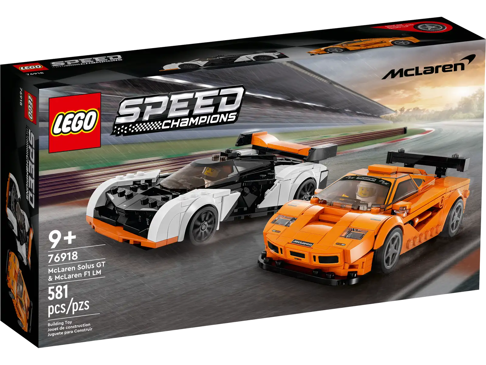 For the first time ever, race fans and kids aged 9 and up can collect a double pack of buildable McLaren hypercars with the LEGO® Speed Champions McLaren Solus GT and McLaren F1 LM (76918) building set. The iconic F1 LM model from the 1990s and the latest Solus GT are now ready for kids to build, display and role-play races. Build your own McLaren The buildable versions of the 2 McLaren supercar toys include authentic details from the real-life versions: the limited-edition F1 LM comes in its distinctive papaya orange color with a central driving seat and cooling ducts on both sides, while the Solus GT also has a central driving seat and features a rear wing. The set also comes with 2 driver minifigures for kids to place behind the wheel of each car and stage exhilarating races between them. A fun digital experience for LEGO fans Let the LEGO Builder app guide you and your child on an easy and intuitive building adventure. Zoom in and rotate models in 3D, save sets and track your progress. 2 McLaren buildable vehicles – LEGO® Speed Champions McLaren Solus GT and F1 LM (76918) building set for kids aged 9+ and passionate vehicle fans to collect, build and display 2 minifigures – The car toys each come with a driver minifigure for kids and vehicle fans to place behind the wheel of each car and stage exciting races between them Realistic details – The buildable models include details from the real-life versions: the F1 LM is in its distinctive papaya orange color and the Solus GT features prominent wheel arches and a cockpit Play-and-display McLaren models – Kids can enjoy a rewarding build with the classic F1 LM and modern Solus GT replica models before proudly displaying them or using them for racing fun LEGO® gift – Give this premium 581-piece Speed Champions model kit as a birthday present or holiday gift to kids aged 9+ or passionate car fans Portable size – The McLaren F1 LM measures over 1.5 in. (4 cm) high, 5.5 in. (15 cm) long and 2.5 in. (7 cm) wide so kids can show it off at home or take it on the go A new way to build – Let the LEGO® Builder app guide you on an intuitive building adventure. Save sets, track your progress and zoom in and rotate models in 3D to get the full picture while you build More high-speed action – Look out for other LEGO® Speed Champions models, including Ferrari 812 Competizione (76914), Pagani Utopia (76915) and Porsche 963 (76916) Premium quality – For more than 6 decades, LEGO® bricks have been madeto ensure they pull apart consistently every time Safety assurance – LEGO® building bricks meet stringent global safety standards