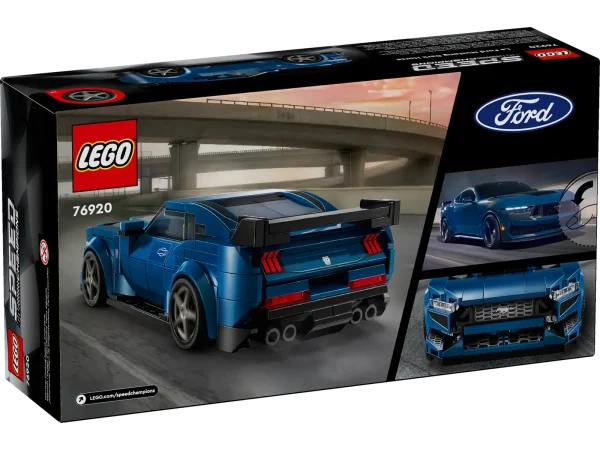 The LEGO® Speed Champions Ford Mustang Dark Horse Sports Car (76920) toy vehicle is a faithful brick-built version of the powerful real-life model from the iconic American car maker. Kids aged 9+ will love to collect, build, display and play out action with this blue toy car. The Ford Mustang toy car features several authentic design features: the rear wing, distinctive grille, headlights, tailpipes, Ford logos and detailed interior with a gearshift and dashboard. The buildable LEGO car also comes with a removable roof and a driver minifigure wearing a Dark Horse hoodie for kids to place behind the wheel and play out exciting action. Speed Champions building sets let kids and passionate car fans build replica versions of some of the world’s most iconic vehicles. They will be thrilled to create high-quality models from LEGO bricks, featuring distinctive details. Each car toy can be created with the LEGO Builder app, which guides you and your child on an easy and intuitive building adventure. Ford toy vehicle for kids – LEGO® Speed Champions Ford Mustang Dark Horse Sports Car model for boys and girls aged 9+ and adult car-model collectors 1 minifigure – The buildable car includes a removable roof and a driver minifigure with a helmet, wig and a wrench wearing a Dark Horse hoodie for kids to place behind the wheel and play out action Authentic Ford design details – The Ford Mustang Dark Horse Sports Car toy includes a rear wing, a grille, headlights, tailpipes, Ford logos and interior details LEGO® car display model – After kids have taken the Ford toy for a drive around the track or city roads, they can proudly display it on a shelf or bedside table Car gifts – Buildable car kit provides a fun build-and-play experience and is a car gift for kids aged 9+ or adult car-model collectors Bigger racing adventures – Discover more LEGO® Speed Champions cars with authentic details, sets sold separately Play with and-display iconic car models – LEGO® Speed Champions sets letkids and passionate car fans build replica versions of some of the world’s most iconic vehicles Measurements – This 344-piece LEGO® Ford car measures over 1.5 in. (4 cm) high, 6 in. (15 cm) long and 2.5 in. (7 cm) wide