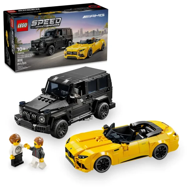 Boys and girls aged 10+ can now own this awesome Mercedes-AMG double pack of buildable LEGO® Speed Champions car toys featuring the Mercedes-AMG G 63 and Mercedes-AMG SL 63 (76924). This LEGO set with 2 stylish toy model cars is ideal for kids, Mercedes-AMG fans and passionate adult collectors to build, display and play out action-packed races. The Mercedes-AMG G 63 black G-class and the Mercedes-AMG SL 63 yellow convertible roadster models both include authentic design details from the real-life versions, including front grilles, hoods, and interior features. Each Mercedes-AMG toy also comes with a driver minifigure for kids to place behind the wheel to enjoy races on the track. LEGO Speed Champions car building kits let kids and passionate car fans build replica versions of some of the world’s most iconic vehicles. Each LEGO toy car playset can be created using printed building instructions or the LEGO Builder app, which guides you and your child on an easy and intuitive building adventure. 2 Mercedes-AMG car toys for kids – LEGO® Speed Champions Mercedes-AMG G 63 & Mercedes-AMG SL 63 vehicle playset for boys and girls aged 10+ and adult car-model collectors 2 driver minifigures – Each buildable vehicle toy comes with a driver minifigure wearing a Mercedes-AMG outfit so kids can role-play fast-paced races Authentic Mercedes-AMG design – Each collectible car model features design details from the real-life versions, including front grilles, hoods, wheels, interior features and the famous Mercedes-AMG design Display models – After kids have enjoyed hours of independent play racing 2 LEGO® toy model cars, the vehicles can be displayed on a shelf or bedside table Car toy gifts – This Mercedes-AMG car playset provides a fun build-and-play experience and is a gift idea for kids aged 10+ or adult car-model collectors Bigger racing adventures – Discover more LEGO® Speed Champions brick-built car playsets (sold separately) packed with realistic details Play with and display car building toys – LEGO® Speed Champions car building sets let kids and car fans build replicas of some of the world’s most iconic vehicles Measurements – This 806-piece LEGO® driving playset features a Mercedes-AMG G 63 toy car that measures over 2.5 in. (7 cm) high, 7 in. (18 cm) long and 3 in. (8 cm) wide