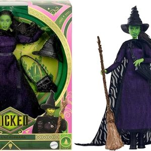 Inspired by Universal Pictures’ Wicked, this deluxe Elphaba doll captures her magical look from the musical film! With a cape draping over a sheer black dress and black boots, Elphaba can create a dramatic exit! Her iconic witch hat, broom, and satchel add the finishing touches to the signature look! With green skin and black braided hair, Elphaba doll charms with a true-to-movie look! Clip Elphaba doll onto the doll stand and create dramatic poses with 11 points of articulation! Highlighting the beauty of sisterhood and friendship, Wicked dolls make an inspiring gift for kids to play out their biggest dreams! Fans can collect their favorite characters to recreate scenes and make up their own storylines and adventures.