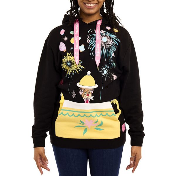 Running late for an unbirthday party? Our Loungefly Disney Alice in Wonderland Unbirthday Unisex Hoodie is a fast and festive way to get ready. This comfy hoodie features bright prints, and the black background makes the pinks, blues, lavenders, and yellows on this hoodie pop. On the front, Disney’s Dormouse emerges from a yellow teapot, which also functions as a pocket for keeping your hands warm. Colorful cups are stacked on either side of the scene, along with “treats” that read “Take Me” and “Try Me.” Above, celebratory fireworks explode overhead among various colored lanterns. One of the sleeves also displays a print of stacked teacups, and the one at the top has a design of Disney’s Alice in the tea. On the back, Disney’s Mad Hatter appears, along with a pink birthday cake and lettering that reads, “A very merry unbirthday to you.” So, if you happen to be in the parks, standing in line for a ride, you’ll be able to wish everyone behind you “a very merry unbirthday.” Commemorate your unbirthday in style. The Loungefly Disney Alice in Wonderland Unbirthday Unisex Hoodie is made of French terry fabric (60% cotton, 40% polyester). Additional features include an extra-large, lanyard-style drawcord and a lined jersey hood. This hoodie is an officially licensed Disney product.