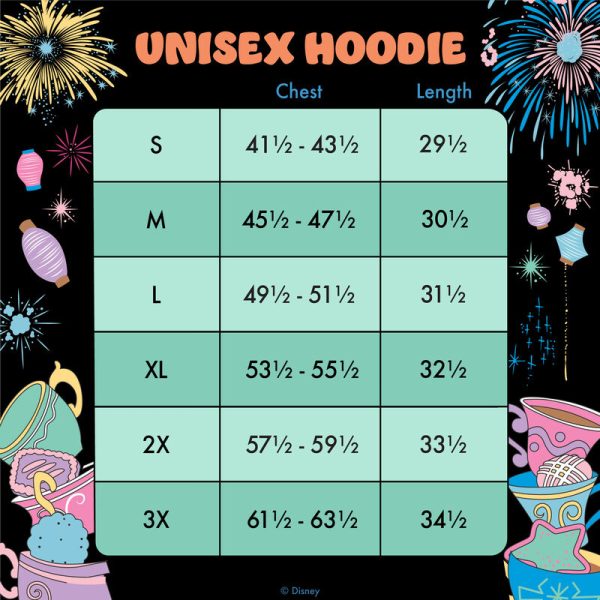 Running late for an unbirthday party? Our Loungefly Disney Alice in Wonderland Unbirthday Unisex Hoodie is a fast and festive way to get ready. This comfy hoodie features bright prints, and the black background makes the pinks, blues, lavenders, and yellows on this hoodie pop. On the front, Disney’s Dormouse emerges from a yellow teapot, which also functions as a pocket for keeping your hands warm. Colorful cups are stacked on either side of the scene, along with “treats” that read “Take Me” and “Try Me.” Above, celebratory fireworks explode overhead among various colored lanterns. One of the sleeves also displays a print of stacked teacups, and the one at the top has a design of Disney’s Alice in the tea. On the back, Disney’s Mad Hatter appears, along with a pink birthday cake and lettering that reads, “A very merry unbirthday to you.” So, if you happen to be in the parks, standing in line for a ride, you’ll be able to wish everyone behind you “a very merry unbirthday.” Commemorate your unbirthday in style. The Loungefly Disney Alice in Wonderland Unbirthday Unisex Hoodie is made of French terry fabric (60% cotton, 40% polyester). Additional features include an extra-large, lanyard-style drawcord and a lined jersey hood. This hoodie is an officially licensed Disney product.