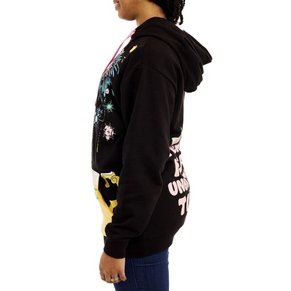 Running late for an unbirthday party? Our Loungefly Disney Alice in Wonderland Unbirthday Unisex Hoodie is a fast and festive way to get ready. This comfy hoodie features bright prints, and the black background makes the pinks, blues, lavenders, and yellows on this hoodie pop. On the front, Disney’s Dormouse emerges from a yellow teapot, which also functions as a pocket for keeping your hands warm. Colorful cups are stacked on either side of the scene, along with “treats” that read “Take Me” and “Try Me.” Above, celebratory fireworks explode overhead among various colored lanterns. One of the sleeves also displays a print of stacked teacups, and the one at the top has a design of Disney’s Alice in the tea. On the back, Disney’s Mad Hatter appears, along with a pink birthday cake and lettering that reads, “A very merry unbirthday to you.” So, if you happen to be in the parks, standing in line for a ride, you’ll be able to wish everyone behind you “a very merry unbirthday.” Commemorate your unbirthday in style. The Loungefly Disney Alice in Wonderland Unbirthday Unisex Hoodie is made of French terry fabric (60% cotton, 40% polyester). Additional features include an extra-large, lanyard-style drawcord and a lined jersey hood. This hoodie is an officially licensed Disney product.