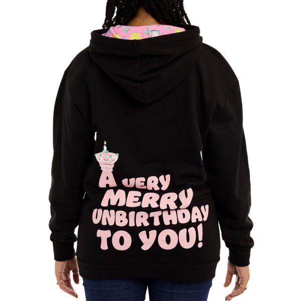 Running late for an unbirthday party? Our Loungefly Disney Alice in Wonderland Unbirthday Unisex Hoodie is a fast and festive way to get ready. This comfy hoodie features bright prints, and the black background makes the pinks, blues, lavenders, and yellows on this hoodie pop. On the front, Disney’s Dormouse emerges from a yellow teapot, which also functions as a pocket for keeping your hands warm. Colorful cups are stacked on either side of the scene, along with “treats” that read “Take Me” and “Try Me.” Above, celebratory fireworks explode overhead among various colored lanterns. One of the sleeves also displays a print of stacked teacups, and the one at the top has a design of Disney’s Alice in the tea. On the back, Disney’s Mad Hatter appears, along with a pink birthday cake and lettering that reads, “A very merry unbirthday to you.” So, if you happen to be in the parks, standing in line for a ride, you’ll be able to wish everyone behind you “a very merry unbirthday.” Commemorate your unbirthday in style. The Loungefly Disney Alice in Wonderland Unbirthday Unisex Hoodie is made of French terry fabric (60% cotton, 40% polyester). Additional features include an extra-large, lanyard-style drawcord and a lined jersey hood. This hoodie is an officially licensed Disney product.