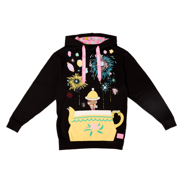 Running late for an unbirthday party? Our Loungefly Disney Alice in Wonderland Unbirthday Unisex Hoodie is a fast and festive way to get ready. This comfy hoodie features bright prints, and the black background makes the pinks, blues, lavenders, and yellows on this hoodie pop. On the front, Disney’s Dormouse emerges from a yellow teapot, which also functions as a pocket for keeping your hands warm. Colorful cups are stacked on either side of the scene, along with “treats” that read “Take Me” and “Try Me.” Above, celebratory fireworks explode overhead among various colored lanterns. One of the sleeves also displays a print of stacked teacups, and the one at the top has a design of Disney’s Alice in the tea. On the back, Disney’s Mad Hatter appears, along with a pink birthday cake and lettering that reads, “A very merry unbirthday to you.” So, if you happen to be in the parks, standing in line for a ride, you’ll be able to wish everyone behind you “a very merry unbirthday.” Commemorate your unbirthday in style. The Loungefly Disney Alice in Wonderland Unbirthday Unisex Hoodie is made of French terry fabric (60% cotton, 40% polyester). Additional features include an extra-large, lanyard-style drawcord and a lined jersey hood. This hoodie is an officially licensed Disney product.