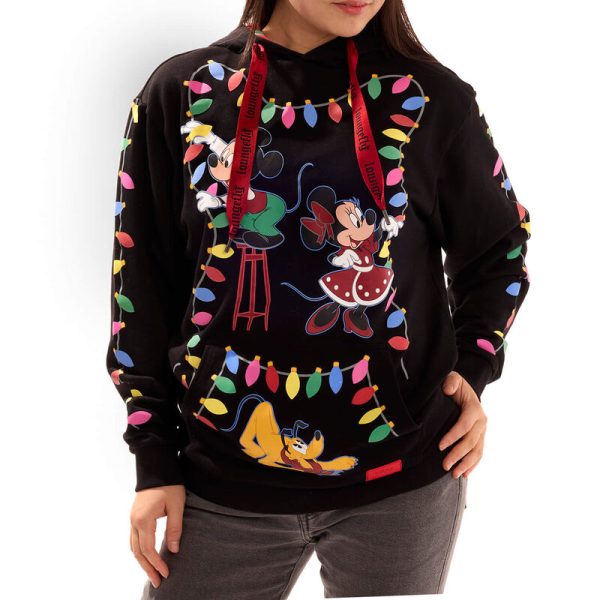 Hip-hip-hooray! Festive lights coming your way! Keep all the holiday lights close wherever you go with our Disney’s Mickey Mouse and Friends hooded jersey. An elegant black background makes the festive lights on the sleeves and front pop. Disney’s Mickey Mouse, Minnie Mouse, and Pluto are busy hanging a colorful light display. Pluto’s cozy spot makes a playful front pocket for warming your hands, and in the dark, all the lightbulbs glow! Spread the cheer and warmth of the season in style with this brilliant hooded jersey. Features: French terry fabric: 60% cotton, 40% polyester; ribbing & cuffs: 95% cotton & 5% Spandex Front pocket Screen-printed and glow-in-the-dark details Extra-large lanyard-style drawcord for displaying pins Lined jersey hood Comes in unisex sizes S through 3X. Sizing is very specific. This hoodie is an officially licensed Disney product.